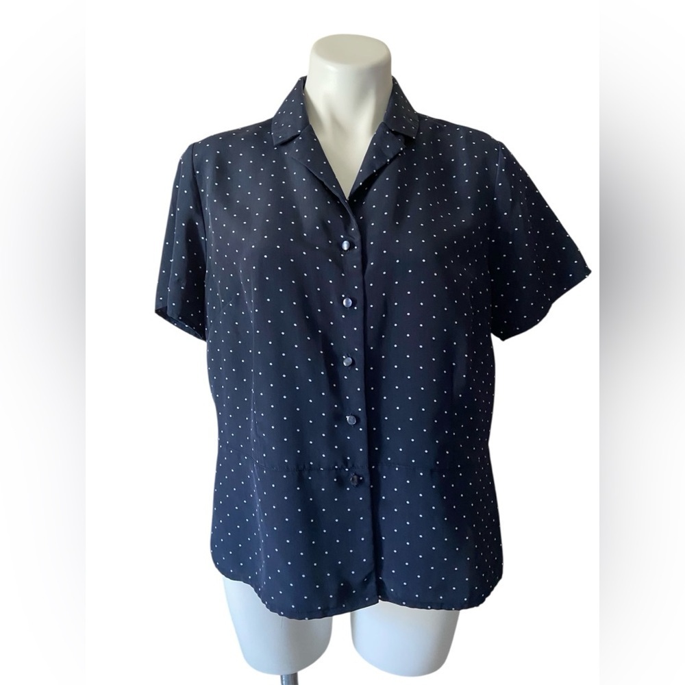 Karen Scott Dark Blue Polka Dot Short Sleeve Button Down Shirt Size Large
